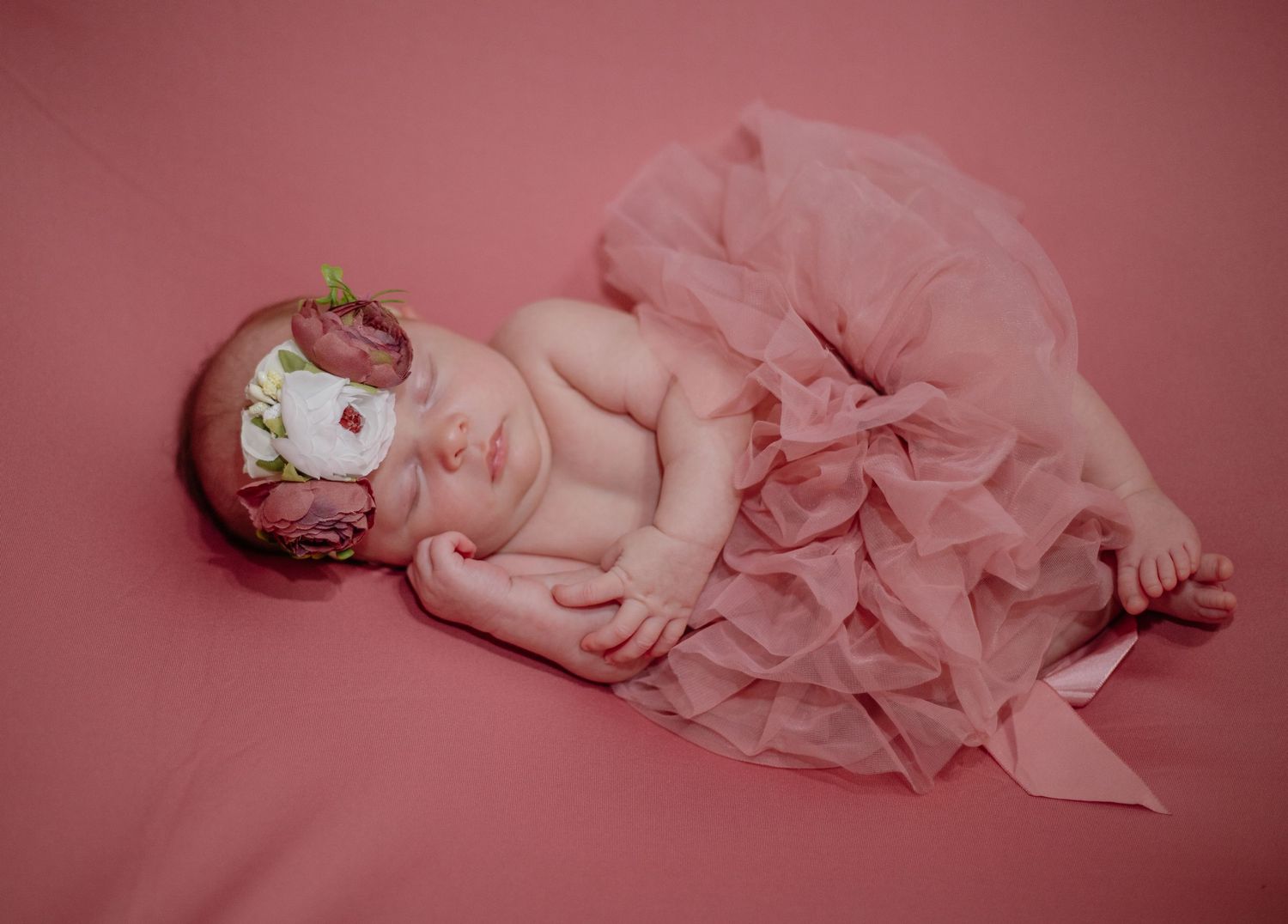 Sleeping baby in pink tulle dress on pink background.