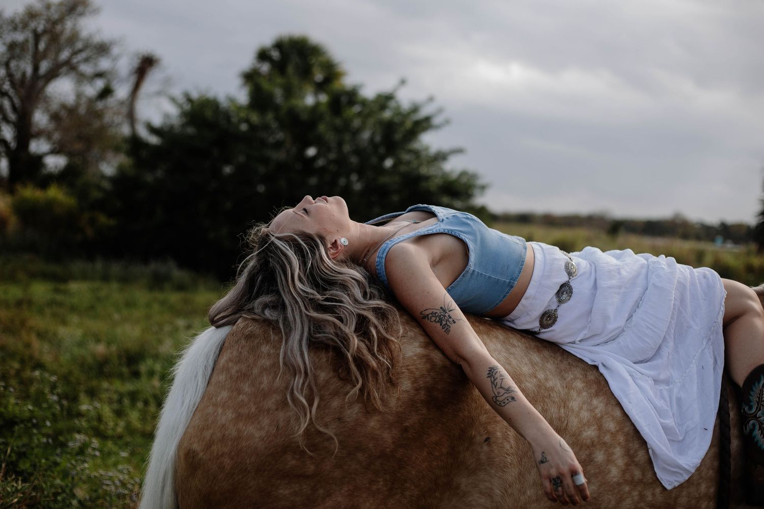 Person in white dress resting on horseback in a dreamy countryside setting.