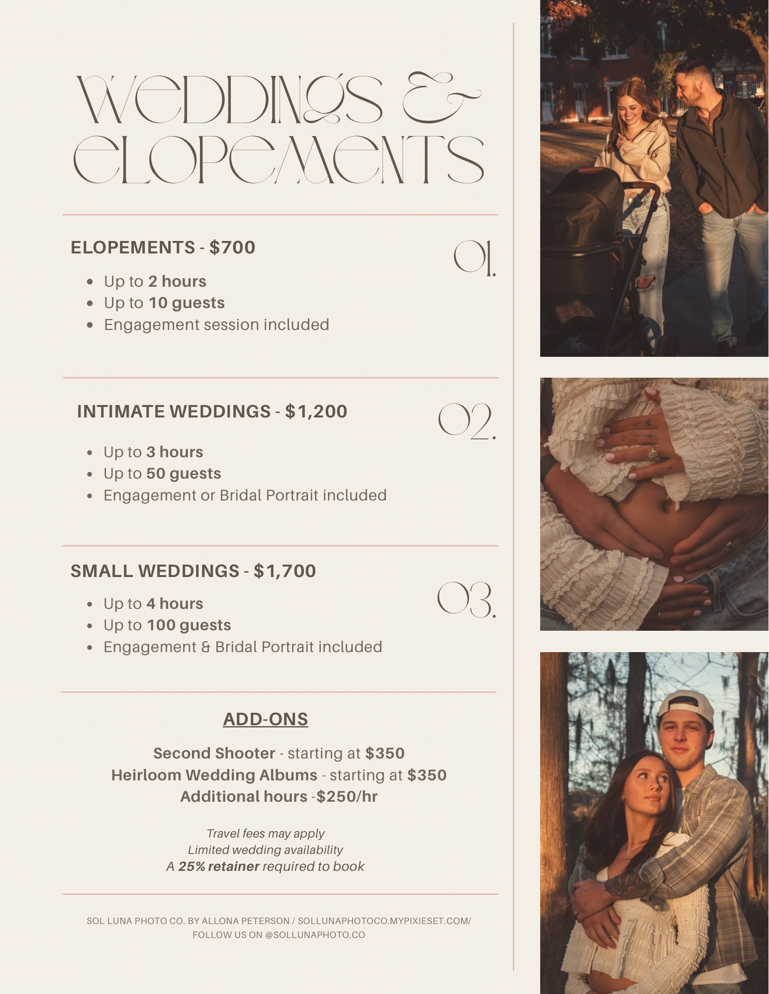 Wedding and elopement photography pricing guide showing packages from $700 to $1700 with couple photos.