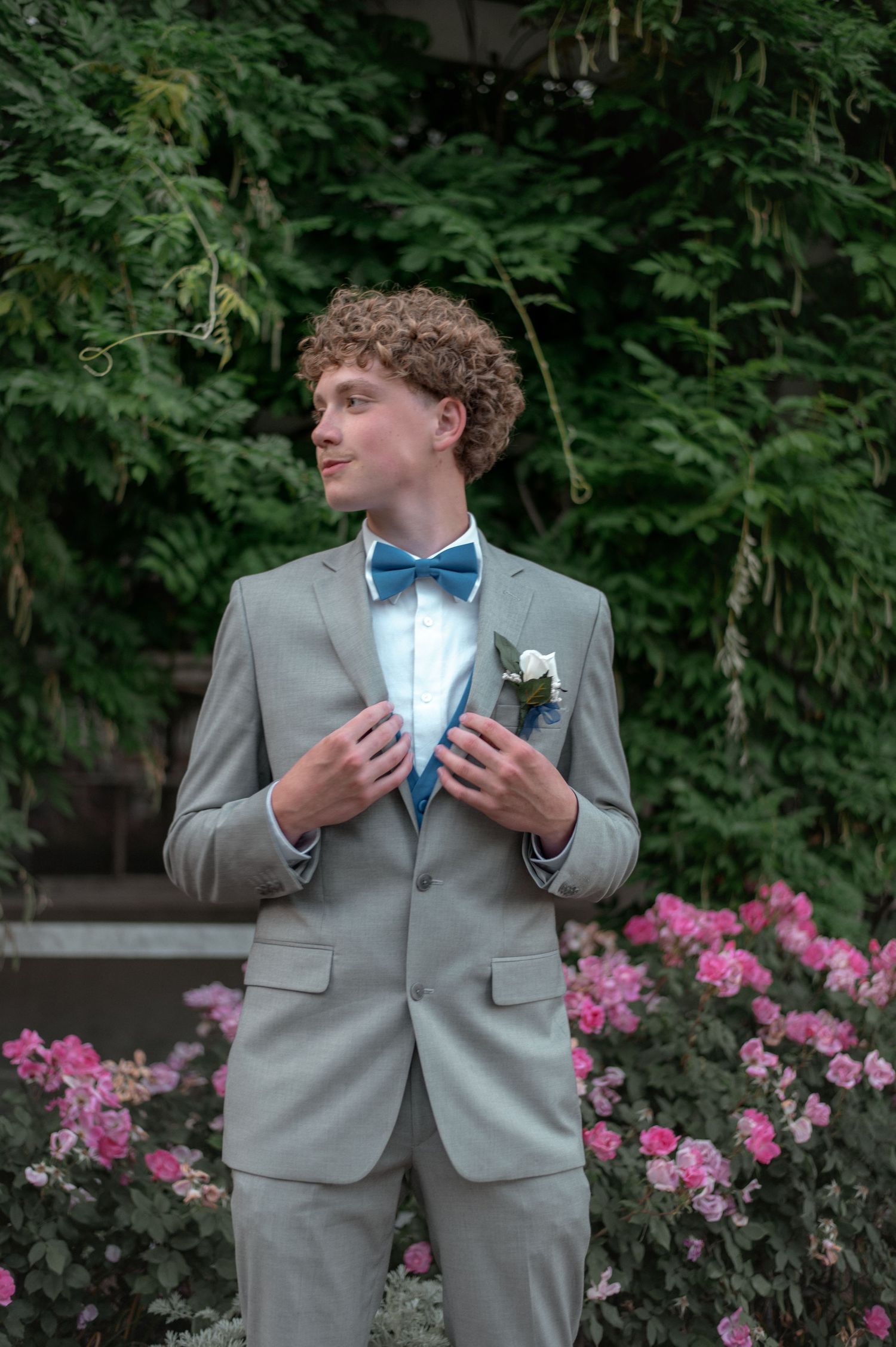 Young man in gray suit and blue bow tie with boutonniere poses outdoors among pink roses and green foliage.