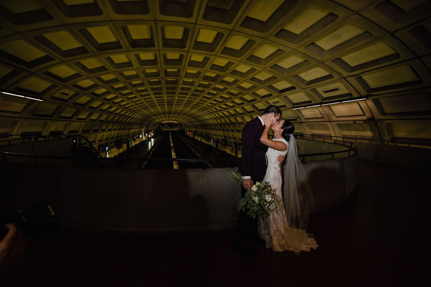 Couple flash portrait in metro station in Washington DC