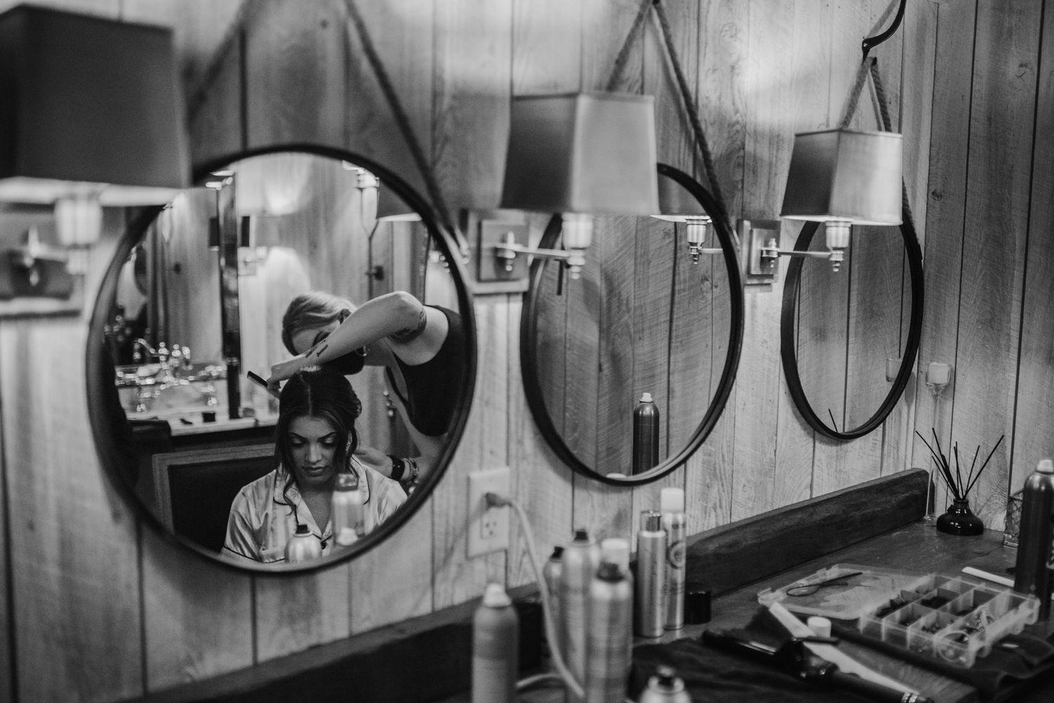 Black and white getting ready bride portrait at Sweeney Barn in Manassas
