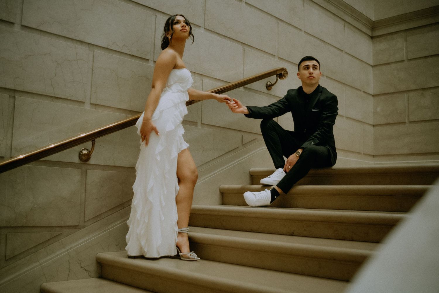 Couple moody and elegant portrait at Gallery of Art in Washington DC
