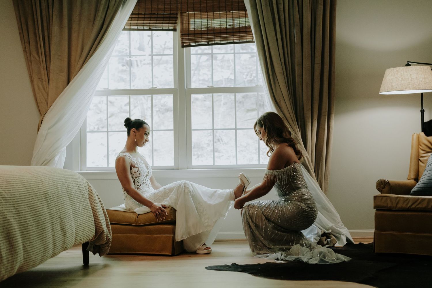 A series of intimate lifestyle photos showing someone relaxing and lounging in a sunlit room with soft curtains.
