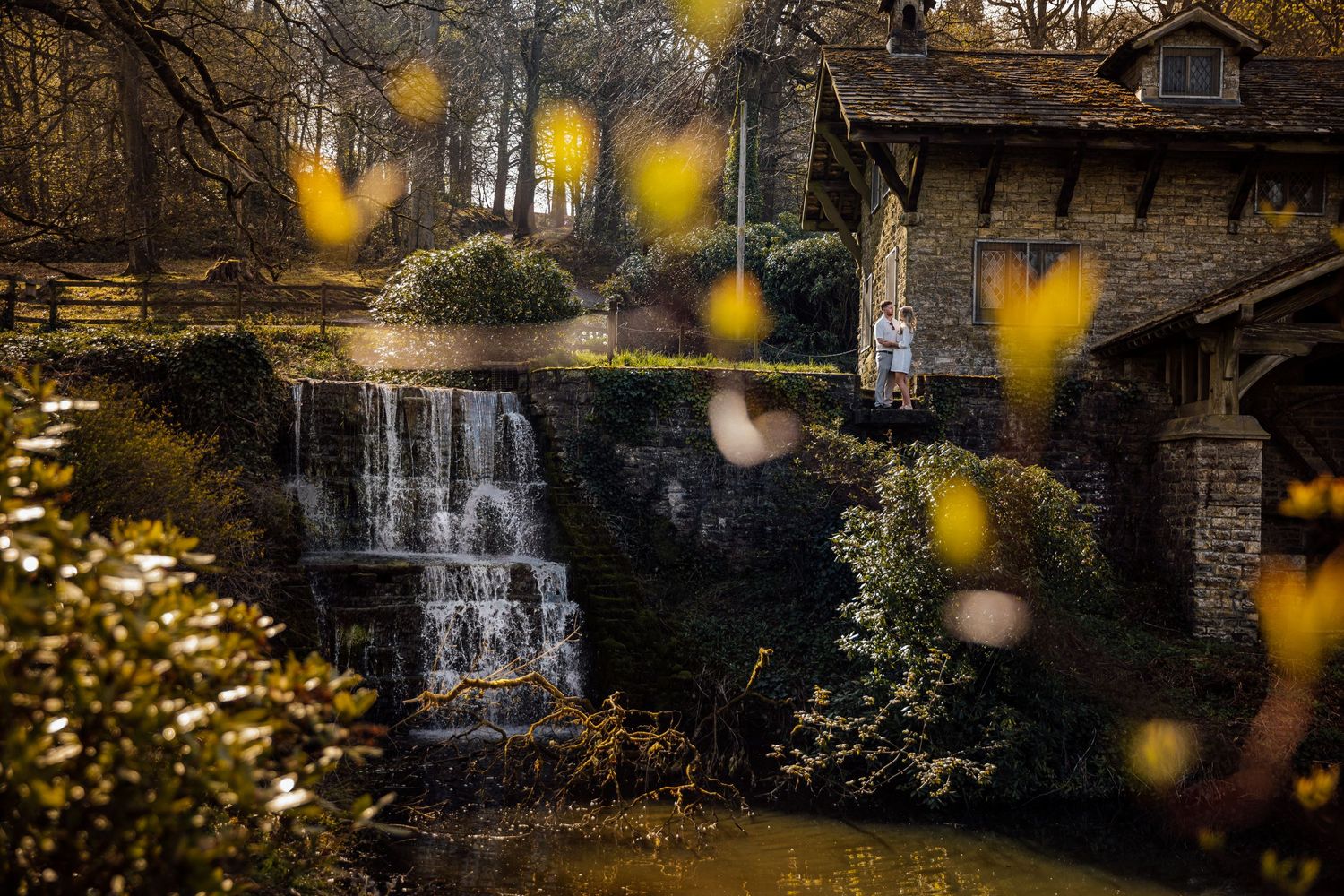 A moody landscape photo of a waterfall with yellow flowers in the foreground.