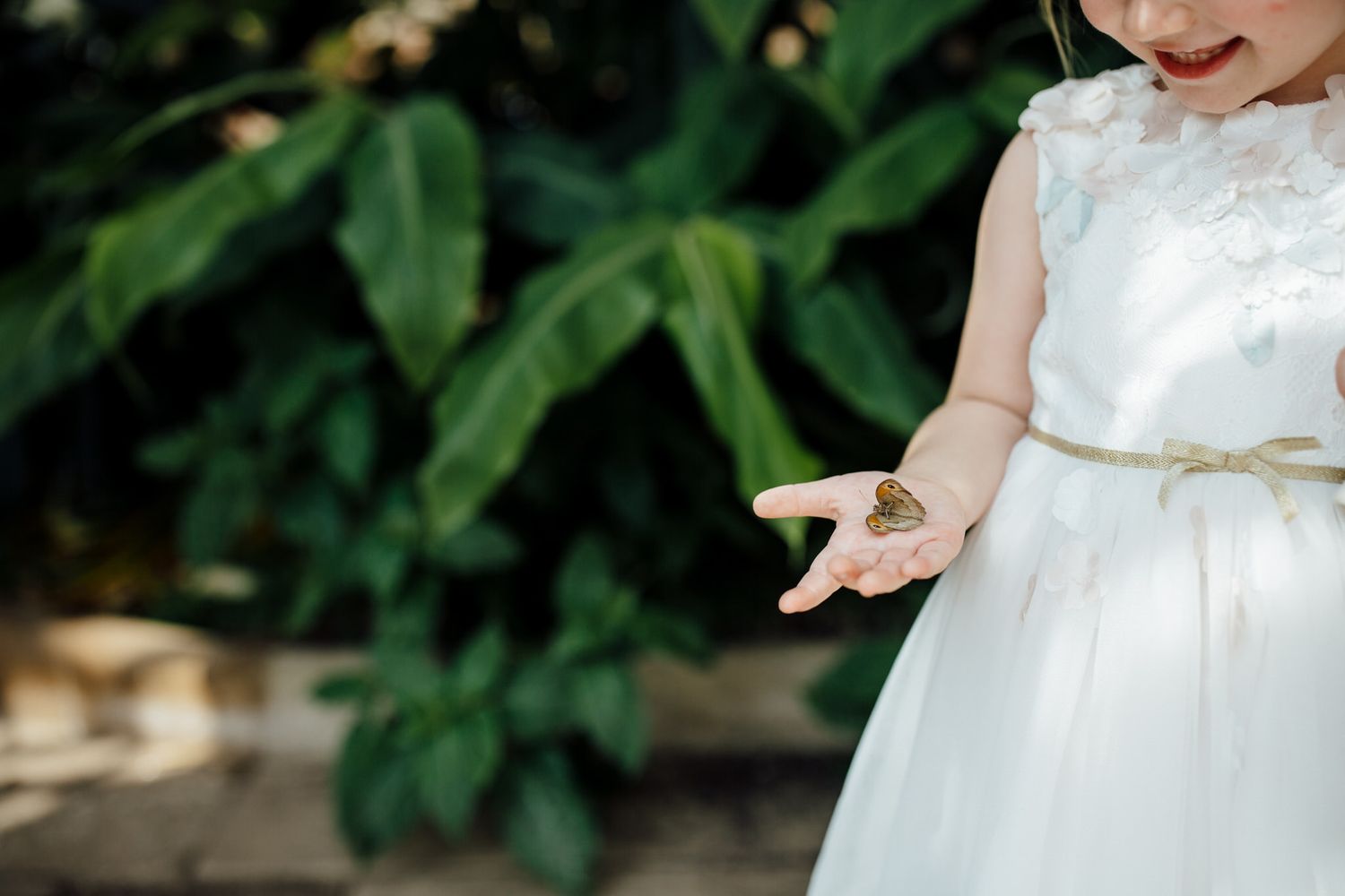 Close-up details of white wedding dresses with delicate lace and beading.