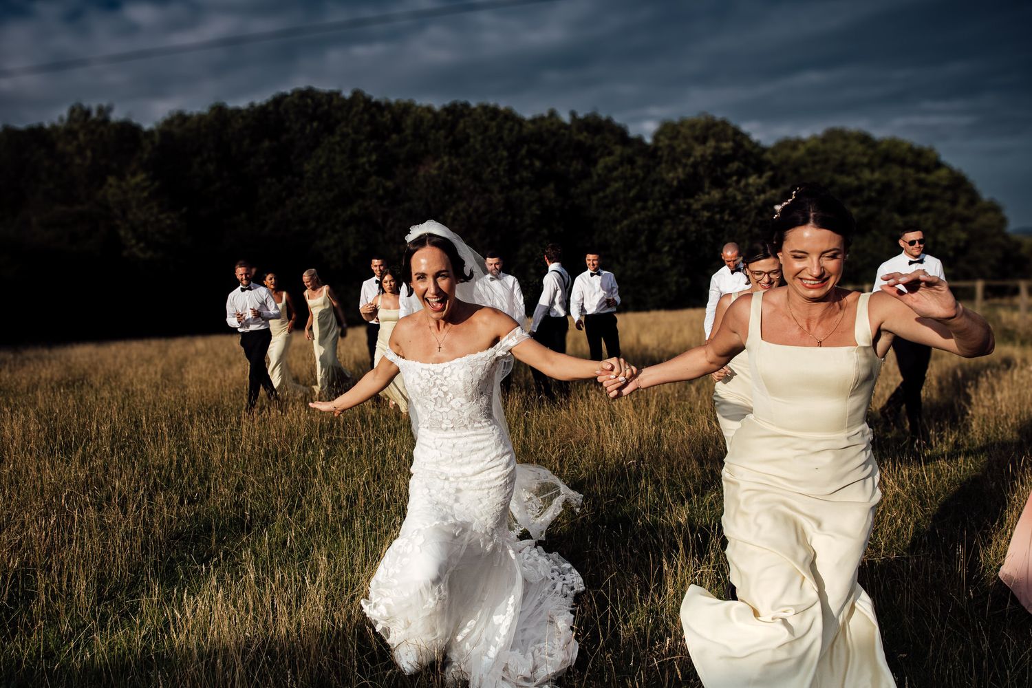 Group of people in formal attire dance and celebrate outdoors in a field.