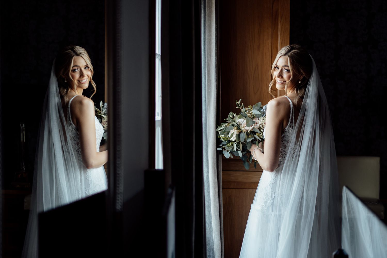 Dramatic window-lit bridal portraits showing the flowing details of a white wedding gown.