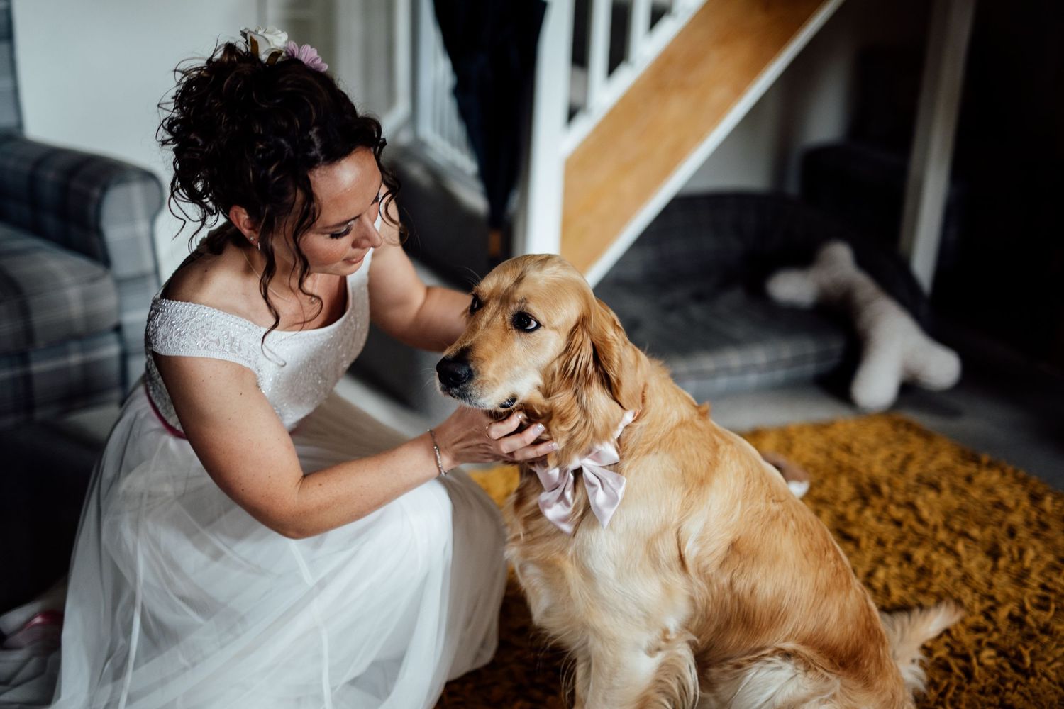 A golden retriever shares a sweet moment with wedding attendees in formal attire.