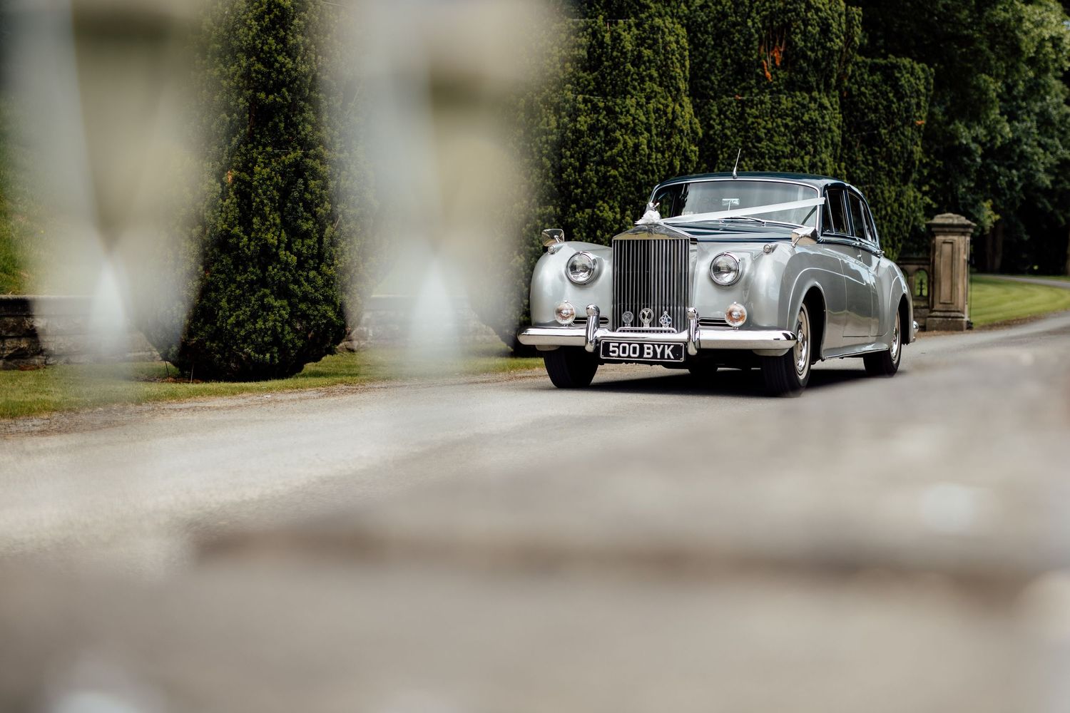 Classic silver Rolls Royce wedding car driving through manicured garden grounds.