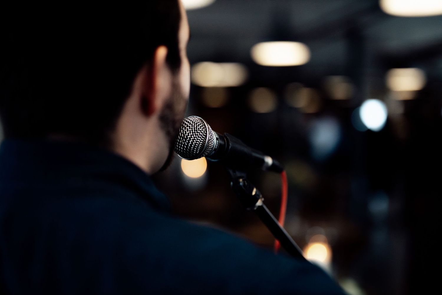 Silhouette of microphone and stage lighting at evening event.