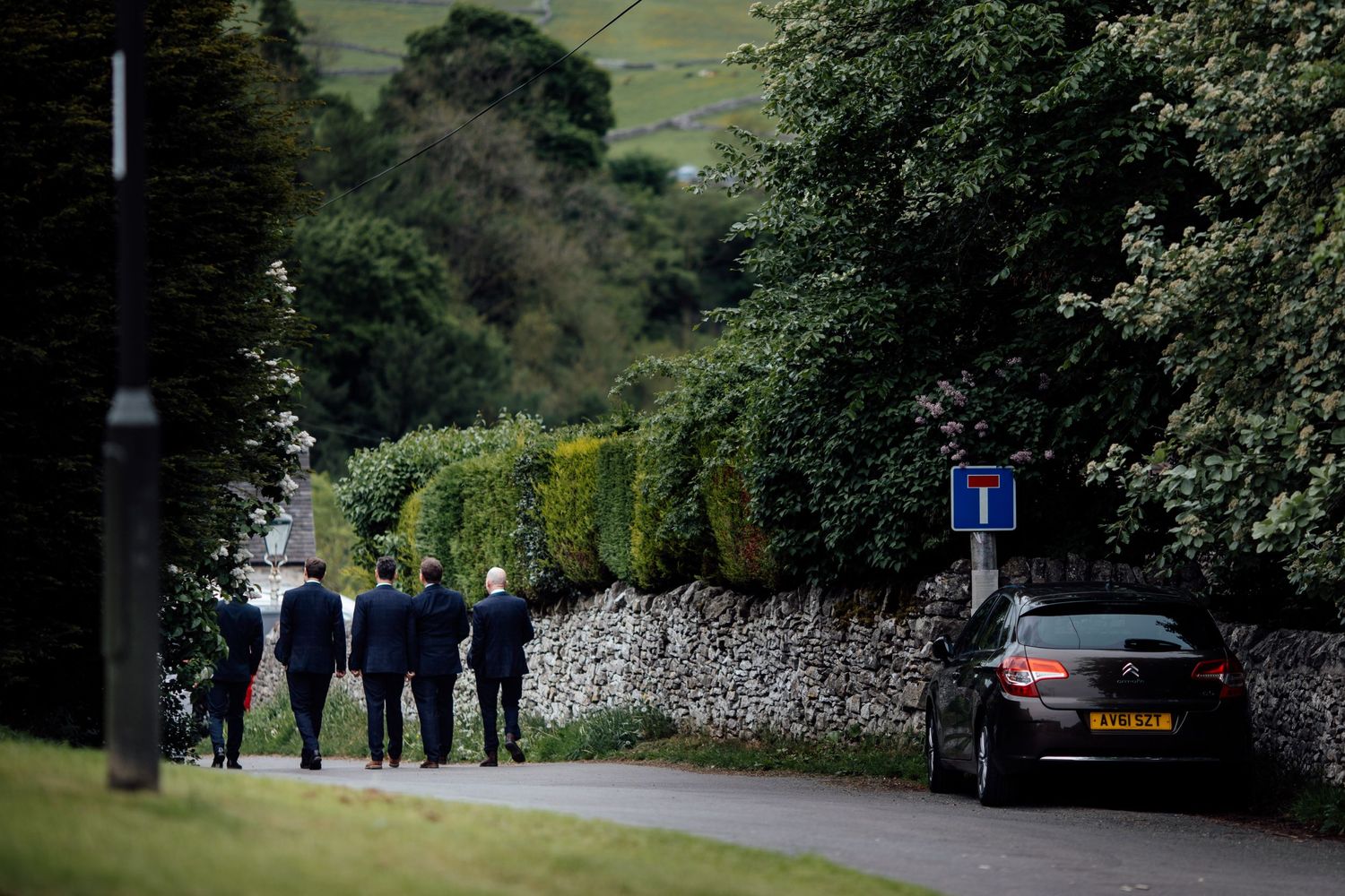 Wedding party walking along a tree-lined country road.