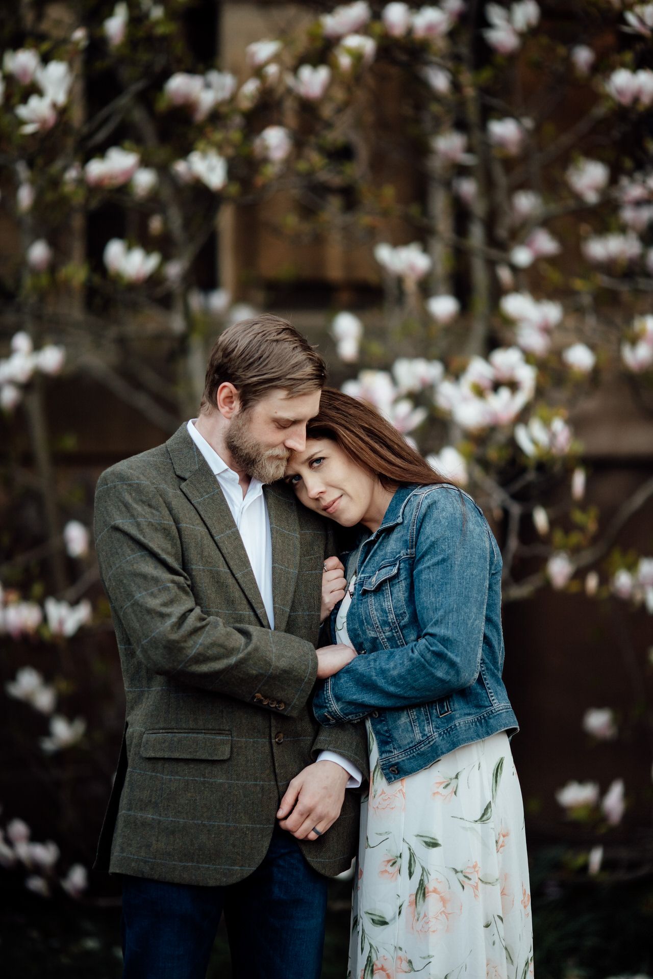 A romantic couple embraces in front of blooming magnolia flowers.