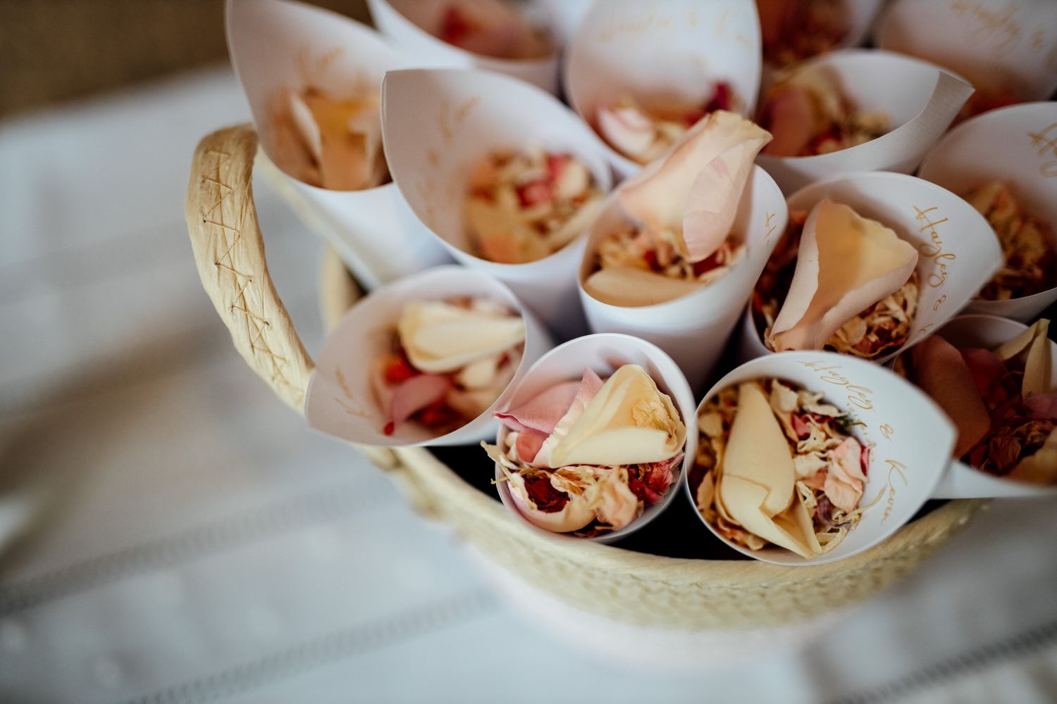 Artfully arranged appetizers in paper cones displayed on wooden serving tray.