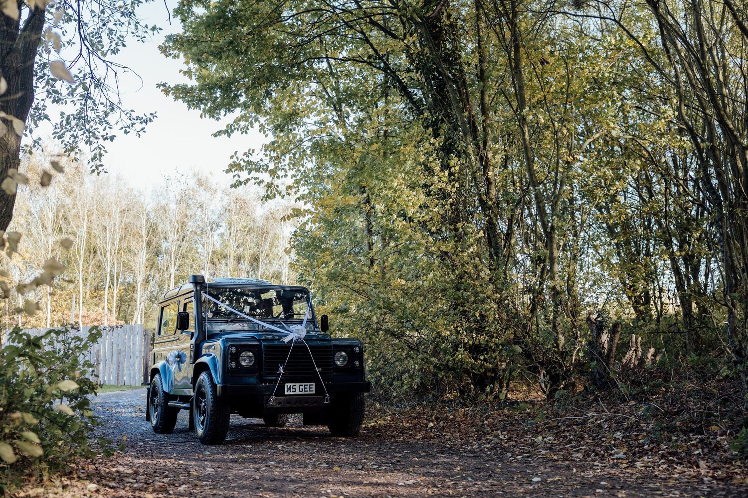 Tree-lined path through autumn woods with vintage vehicles parked along the way.