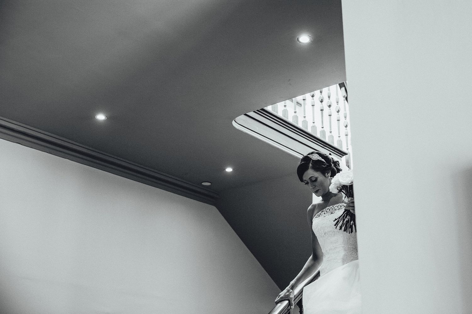 Modern venue interior with dramatic lighting and architectural details.