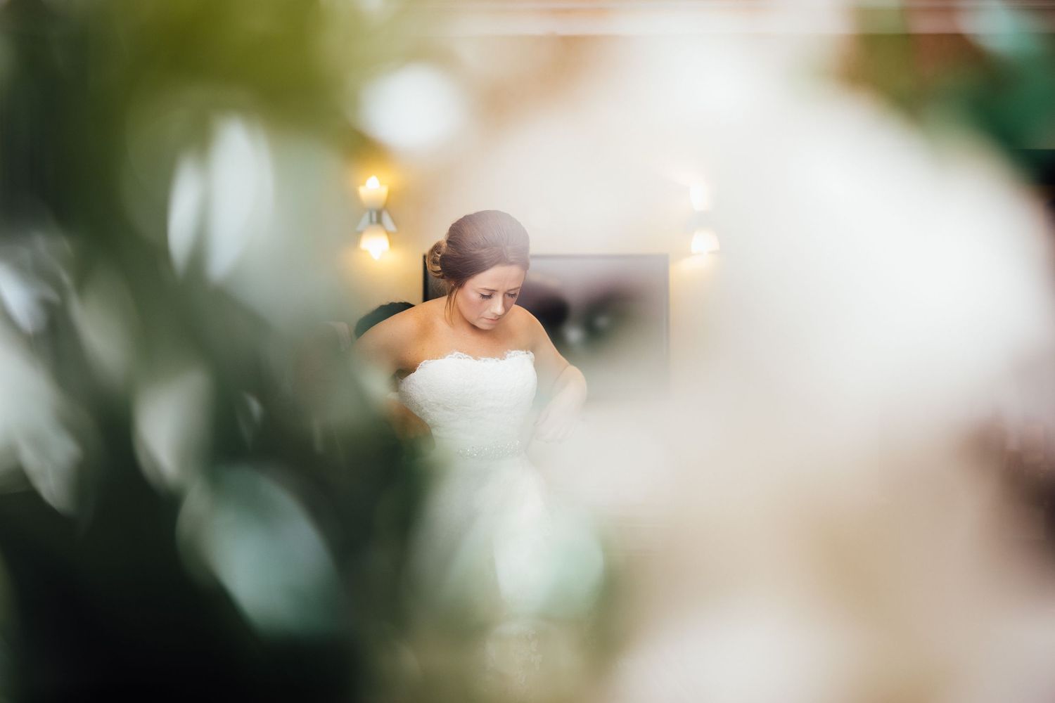 Artistic bokeh shot of event lighting and decorations.