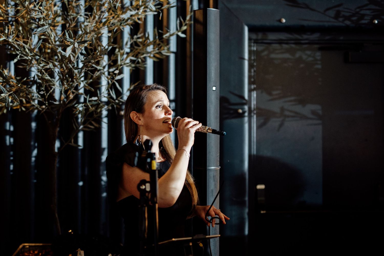 Performers singing passionately on stage during a wedding reception with dramatic lighting and decor.