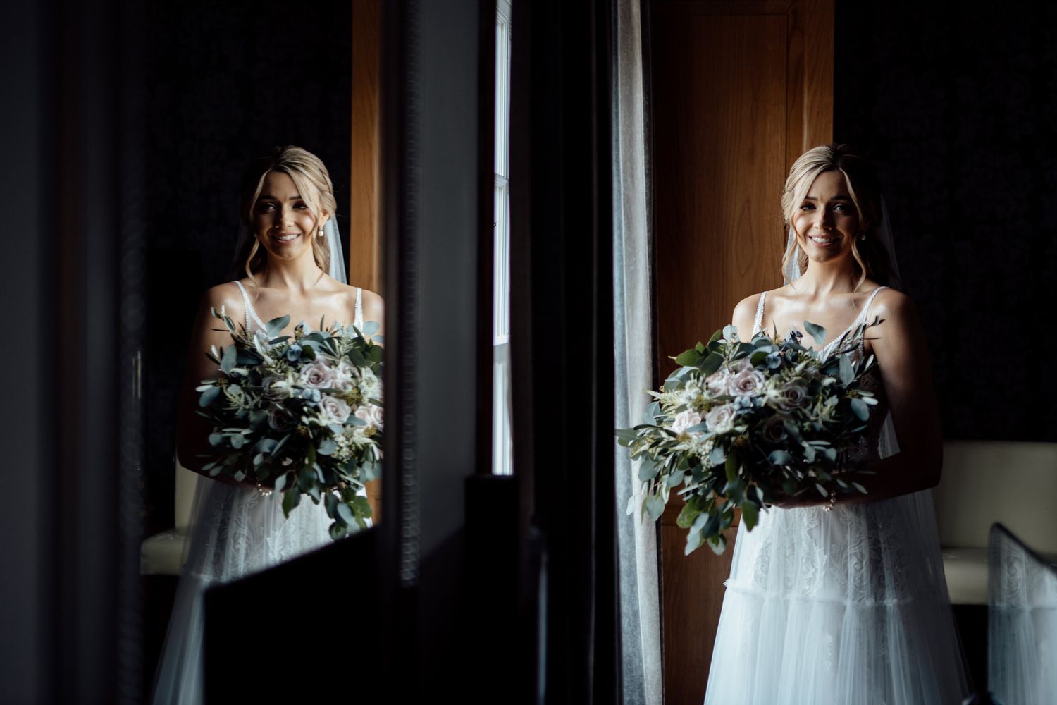 Artistic silhouette shots of a bride in her wedding dress against a dark background with natural window light.