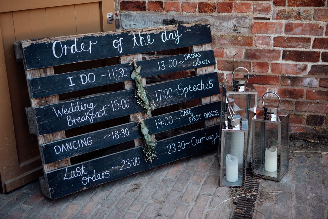 Rustic chalkboard wedding timeline signs displayed against a brick wall showing order of events.
