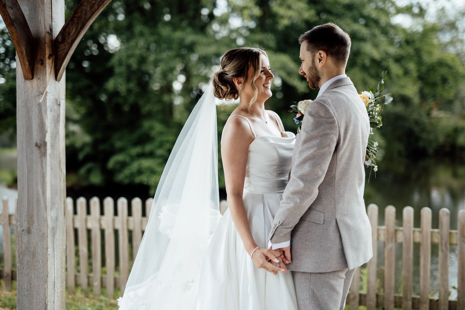 A series of romantic outdoor wedding ceremony moments captured in a rustic garden setting.
