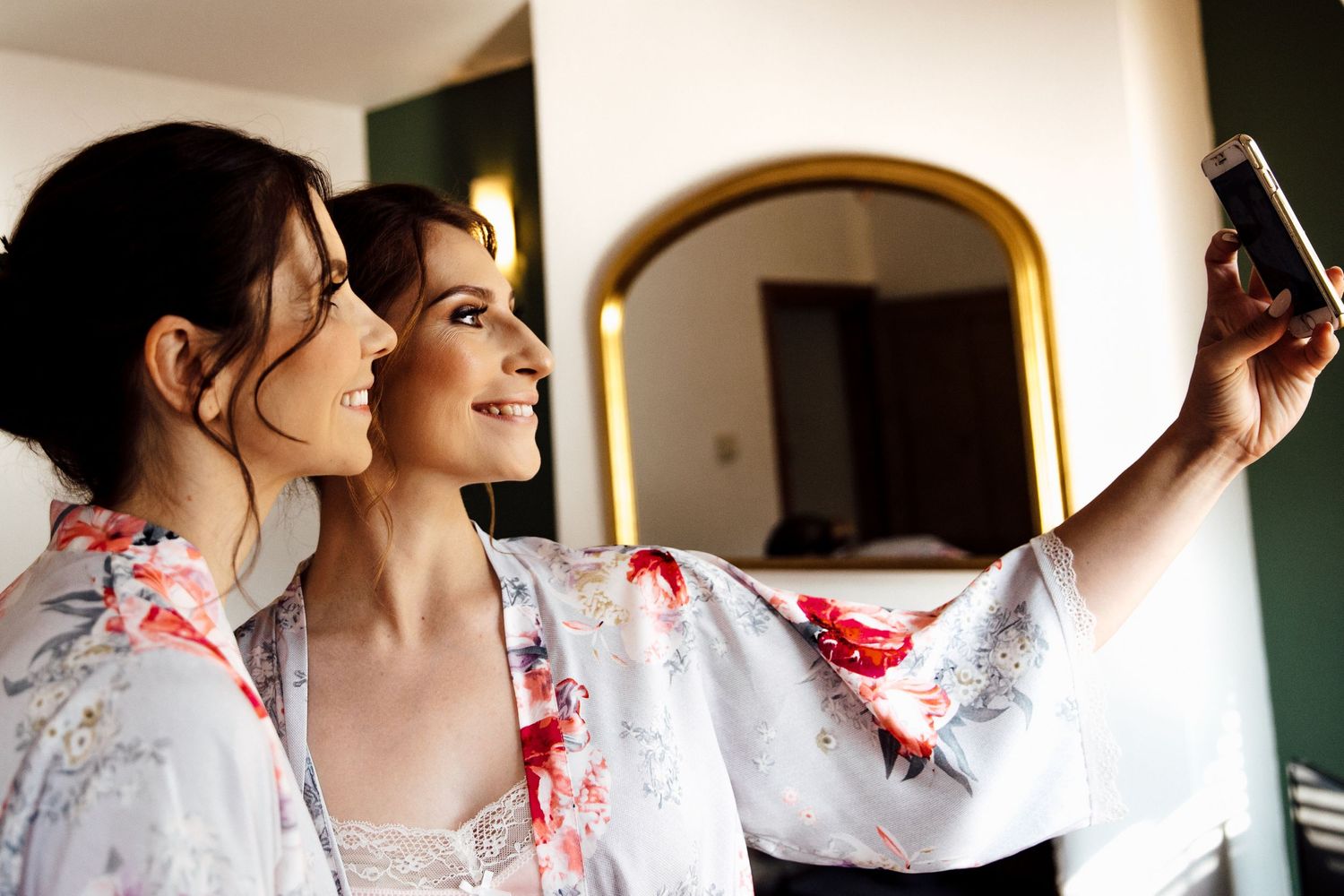 Wedding preparation sequence showing a bride getting ready in a white floral robe.