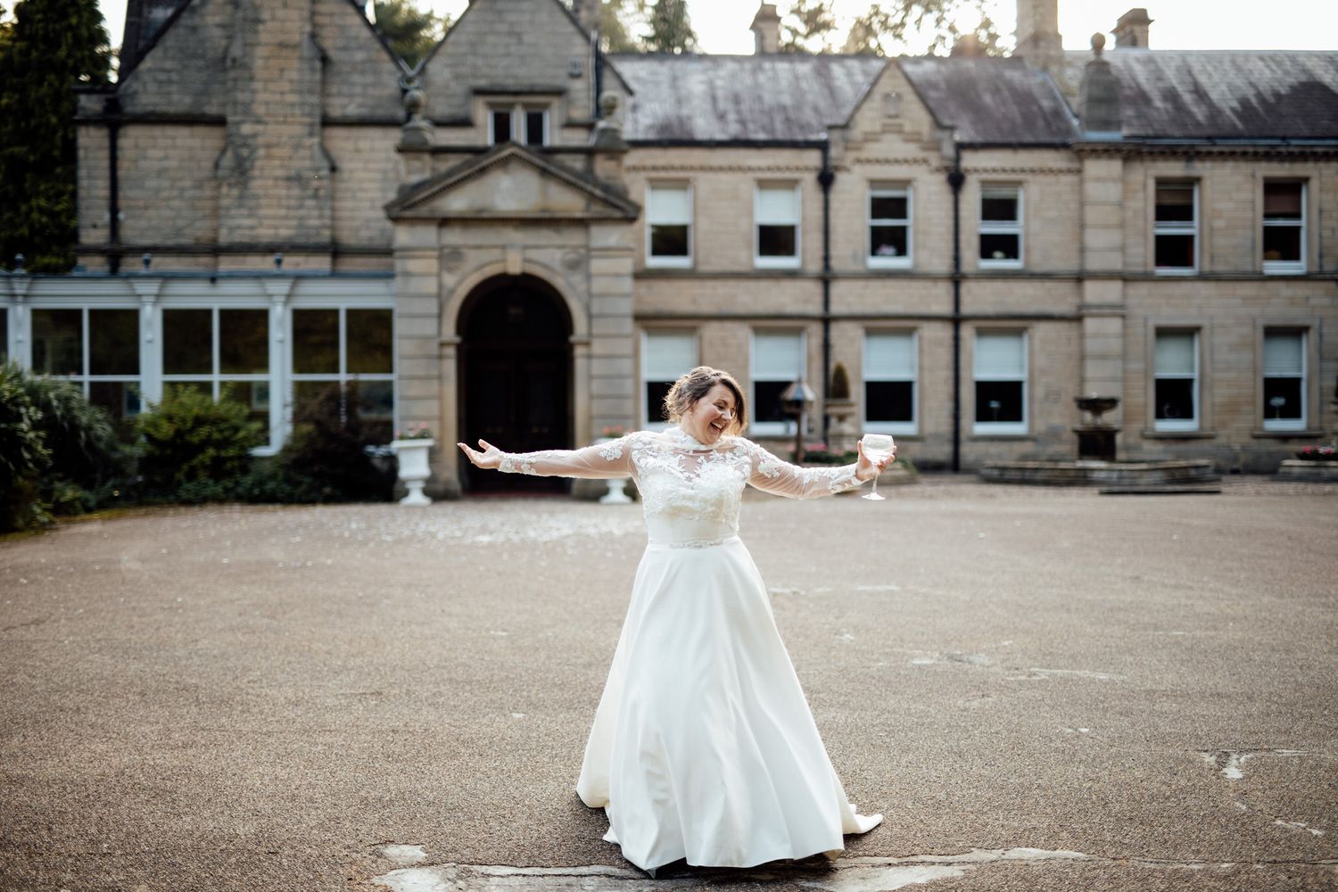 Elegant wedding venue exterior with stone architecture and courtyard captured in multiple angles.