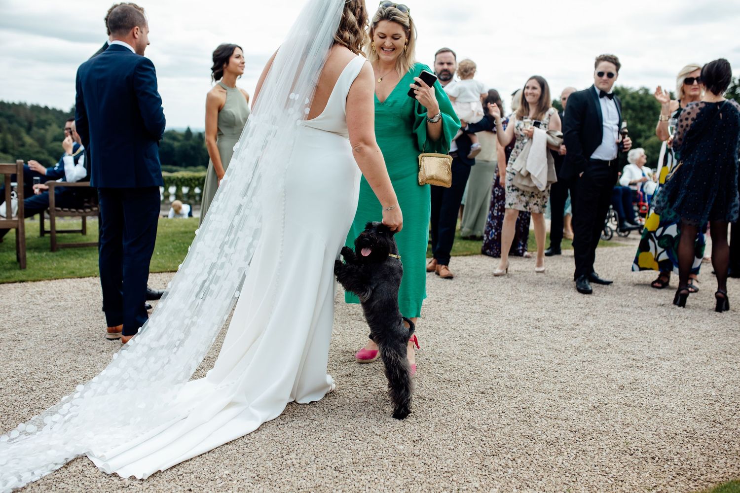 Wedding reception guests mingling outdoors with bride's long train trailing on ground.