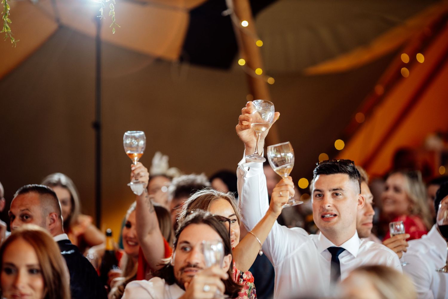 Wedding guests raise their glasses in a celebratory toast during reception.
