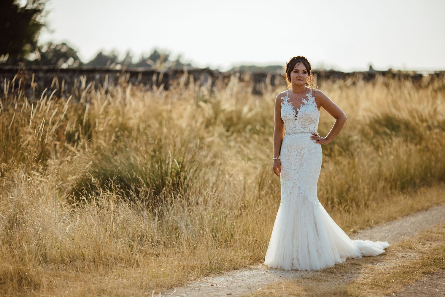 Wedding dress silhouette against golden grass in natural sunlight.