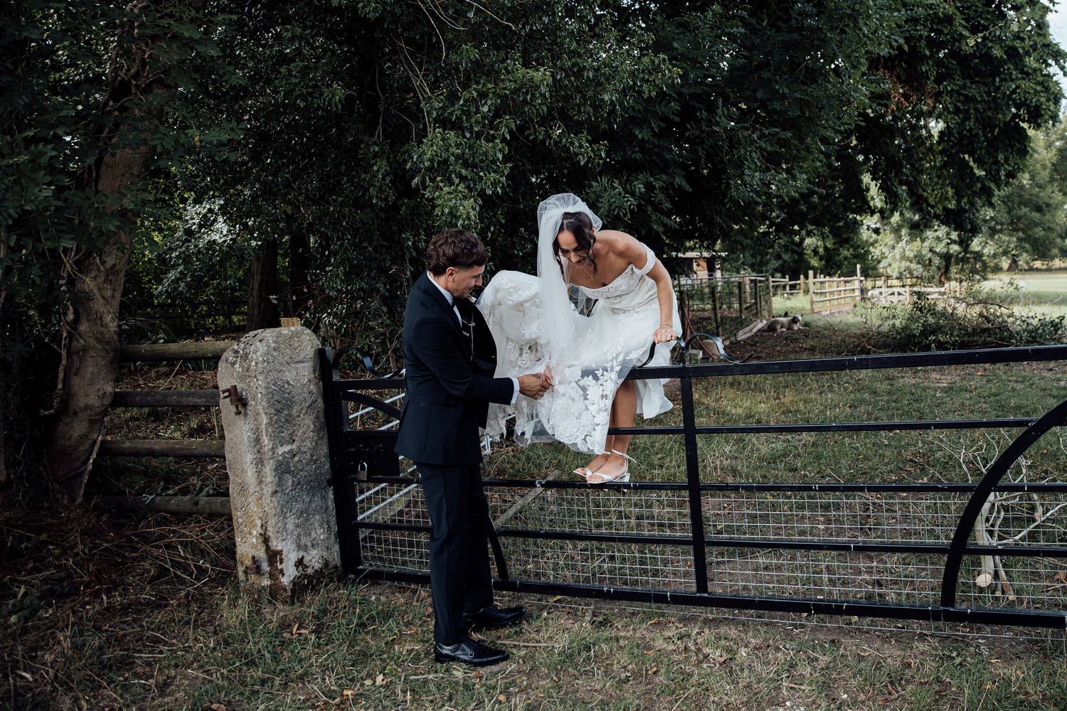 Playful wedding couple climbing over a rustic farm gate in countryside setting.