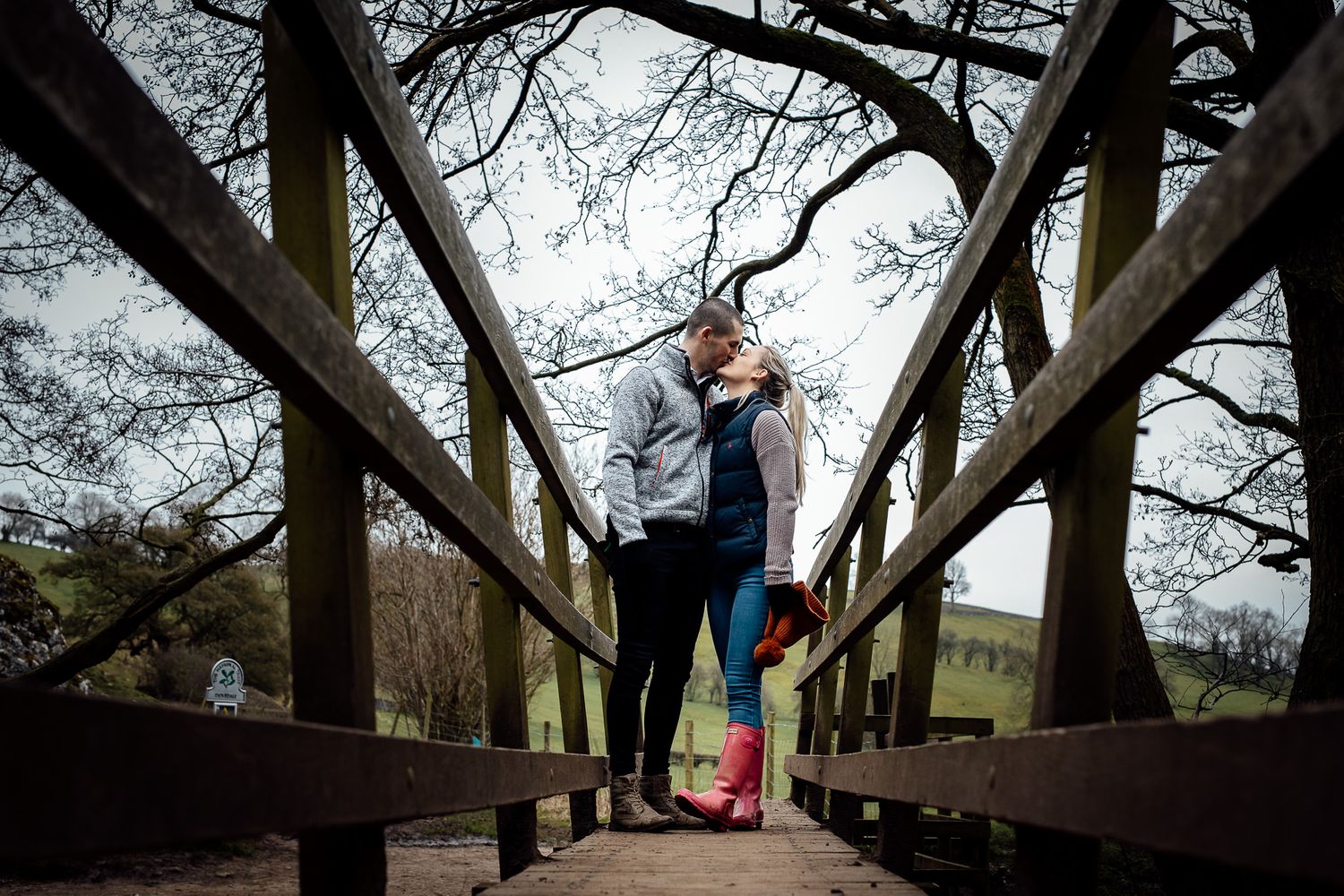 A wooden footbridge spans across a scenic natural landscape with bare trees.