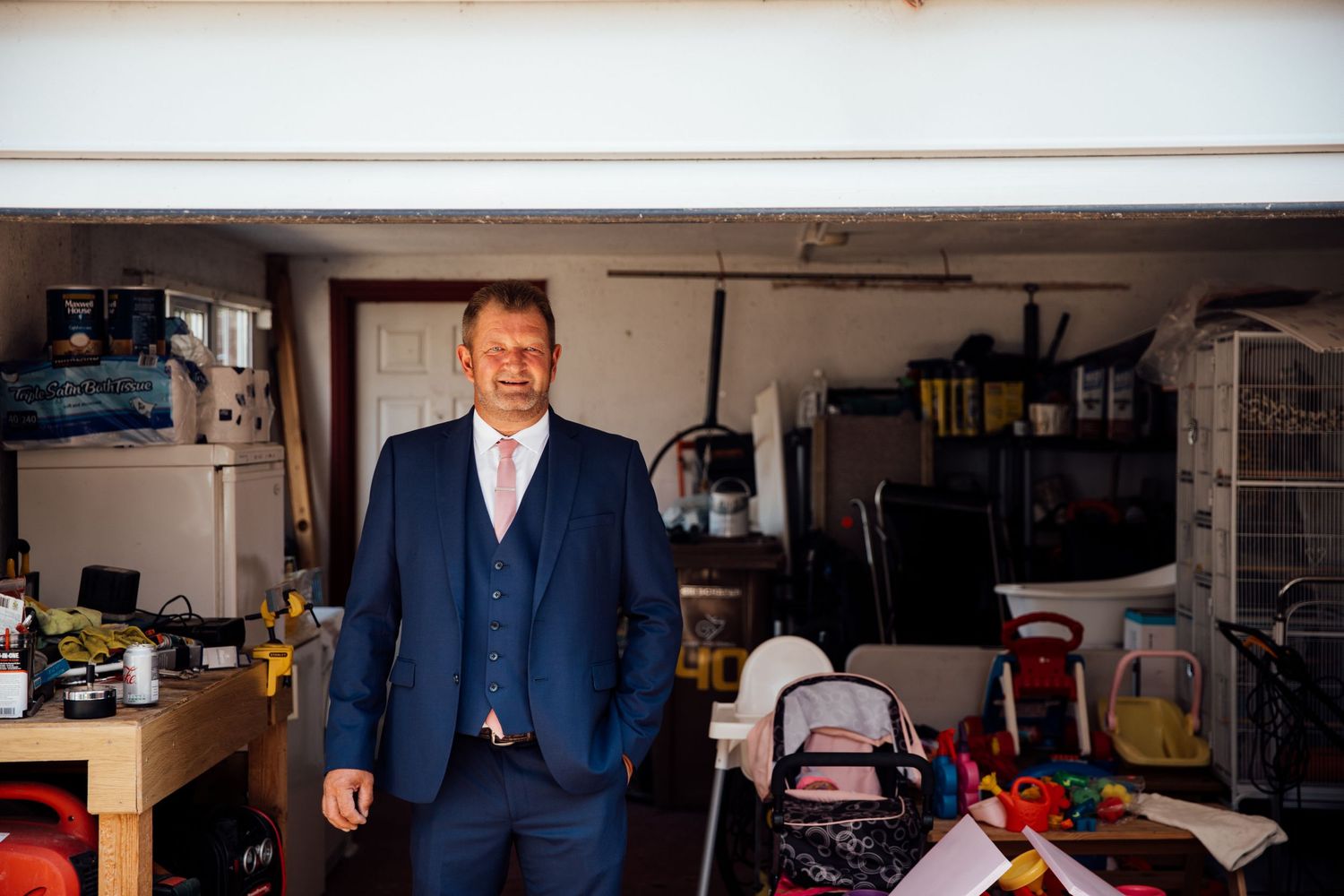 Series of candid moments showing men getting ready in casual indoor setting.