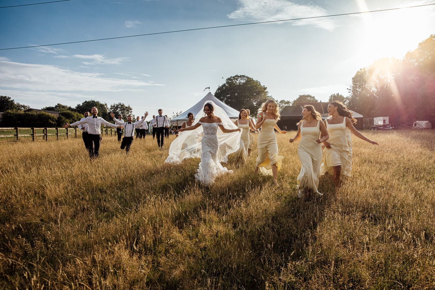 Wedding party celebrating in sunlit field during golden hour.