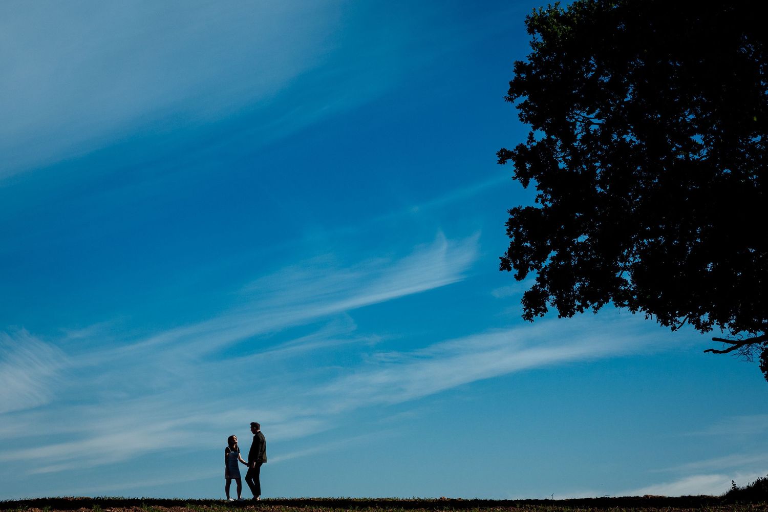 Two silhouettes stand together against a bright blue summer sky with wispy clouds.
