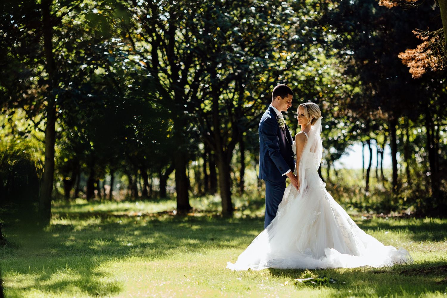 A couple standing in a sunlit garden setting surrounded by trees.