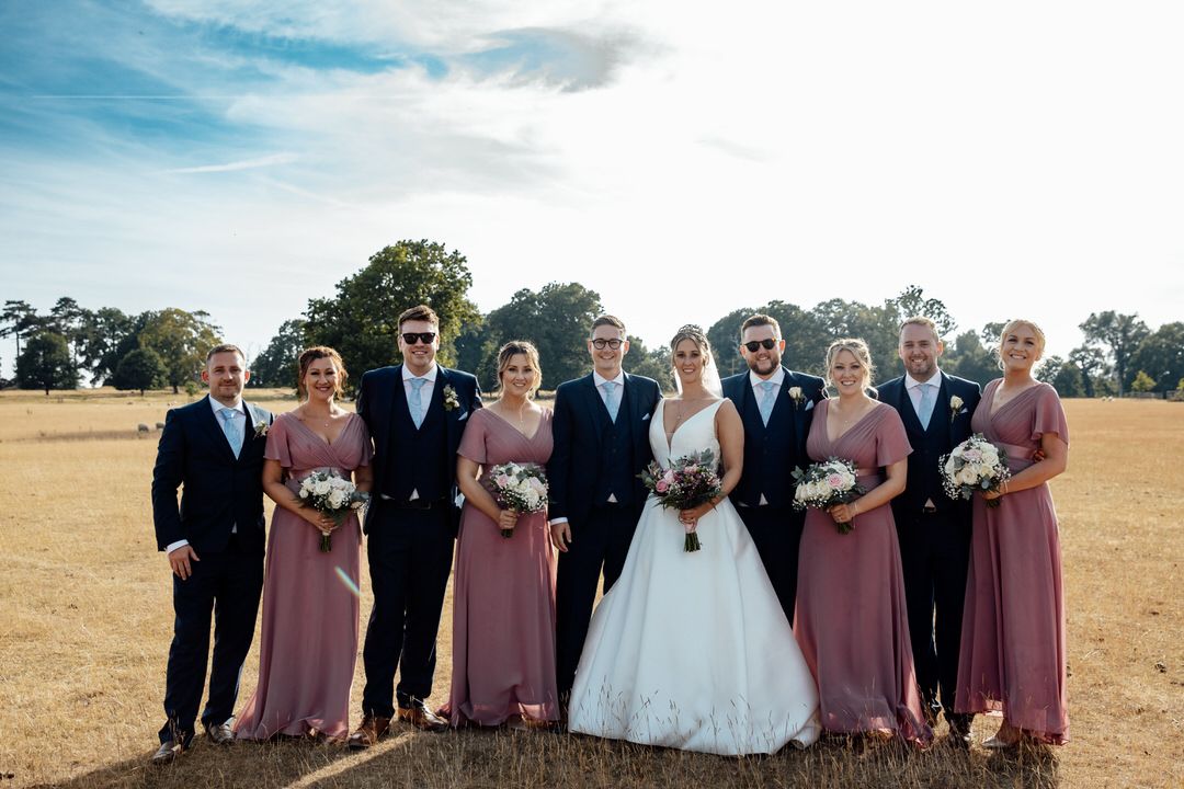 Wedding party poses outdoors in formal attire with dusty rose bridesmaid dresses against blue sky.