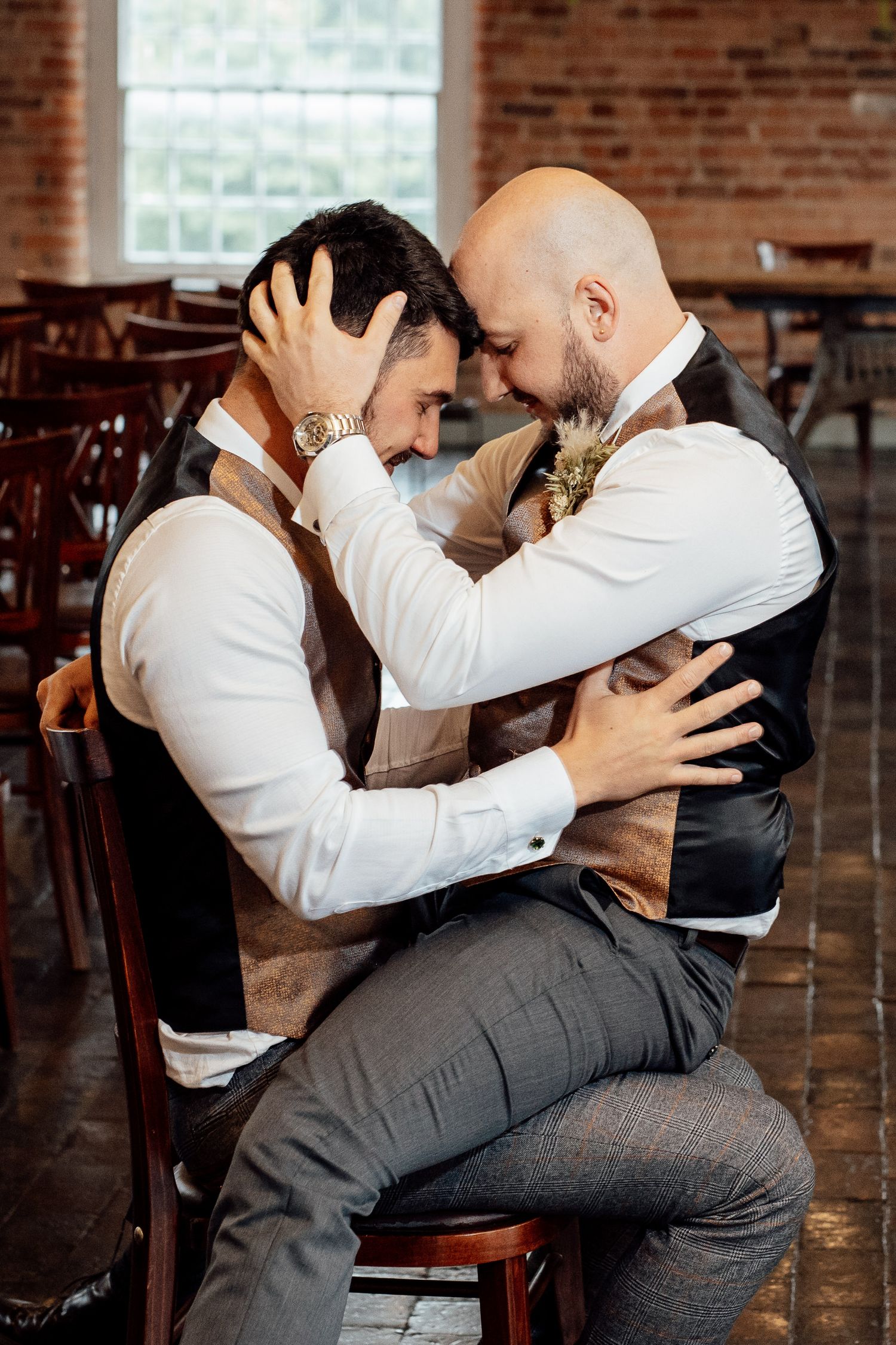 Emotional wedding moments captured in sequence against brick wall backdrop.