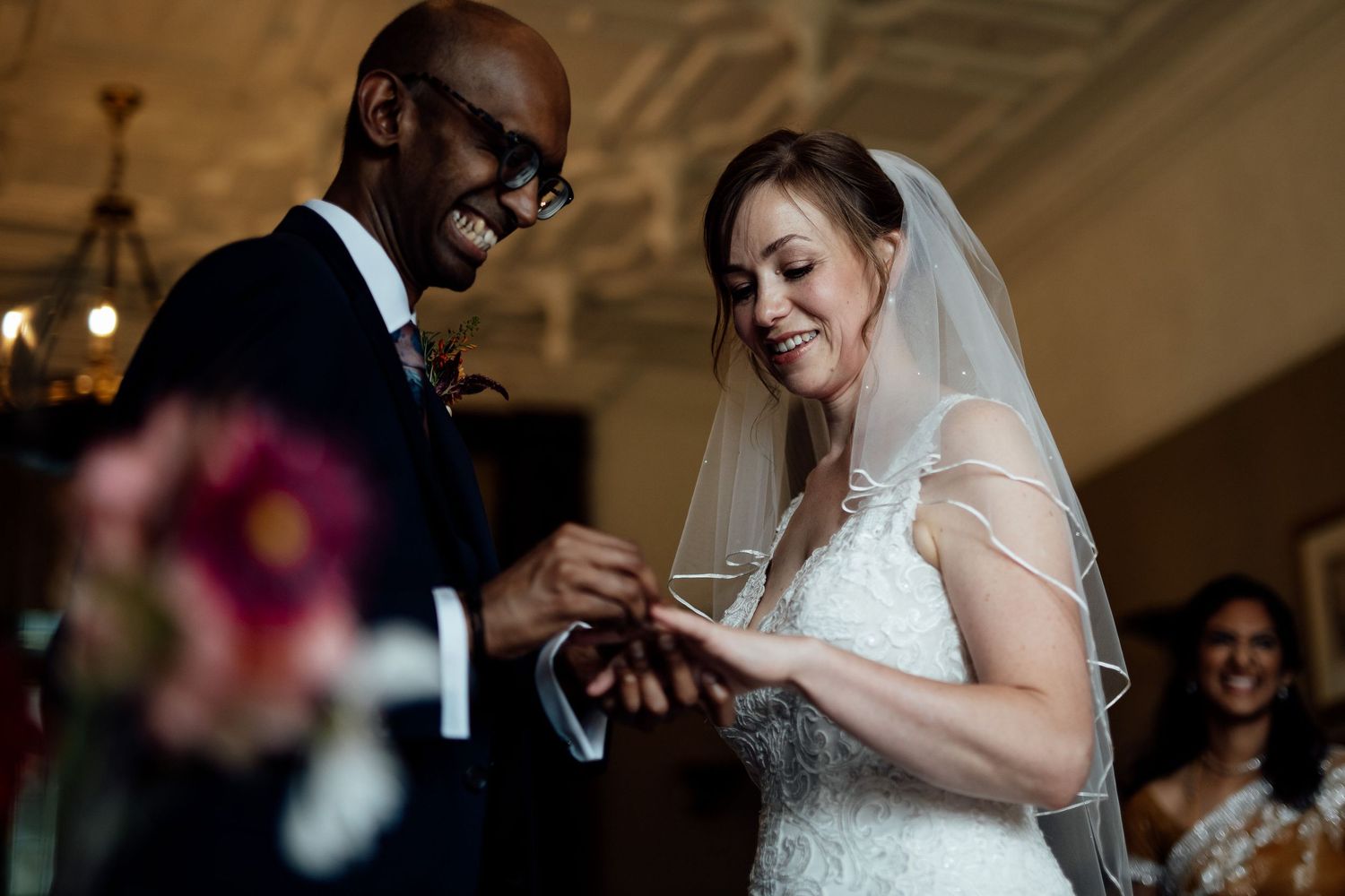 Elegant wedding reception dance with couple sharing an intimate moment on the dance floor.