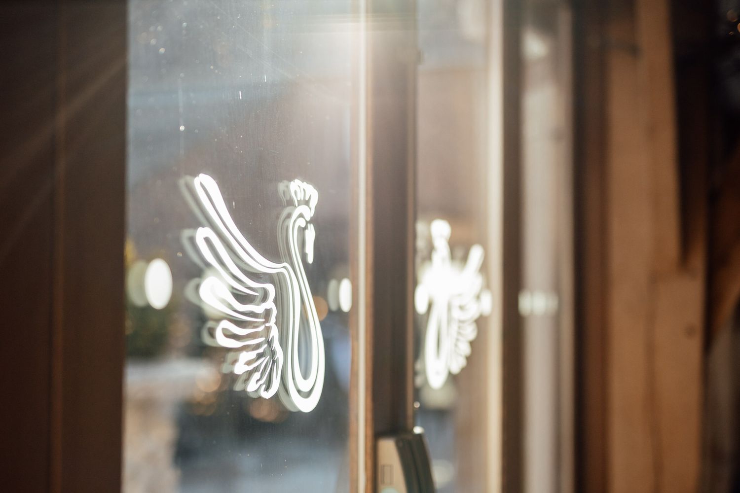 Elegant white bird logo design etched on glass window with soft bokeh background.