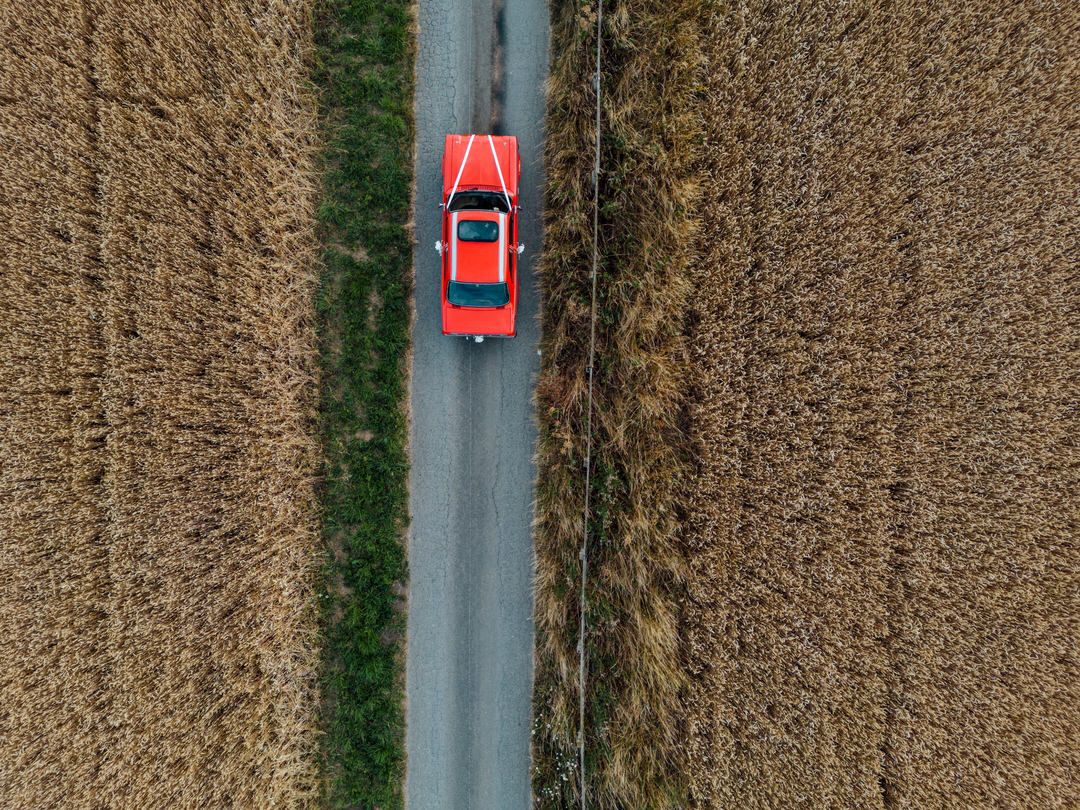 Aerial view of red car driving through wheat fields on country road.