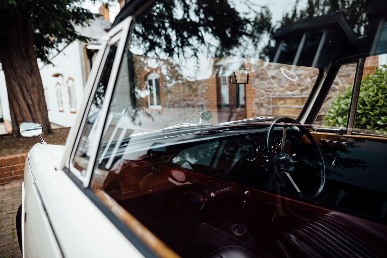 Classic vintage car detail shot through trees with moody lighting.