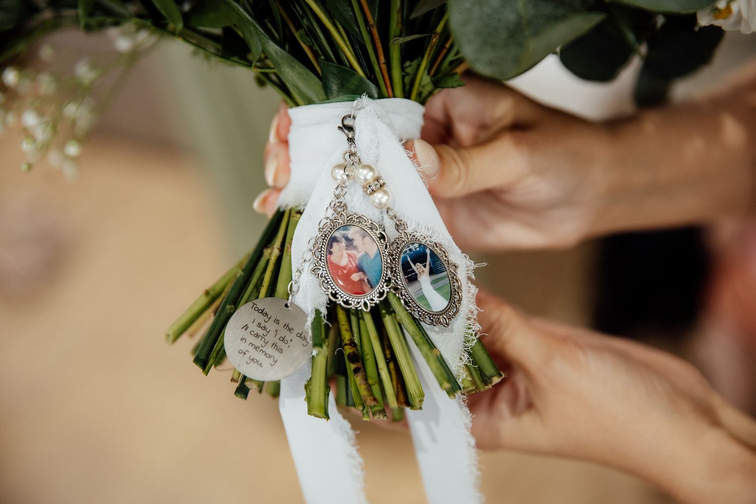 Close-up details of wedding bouquet decorations and floral arrangements.