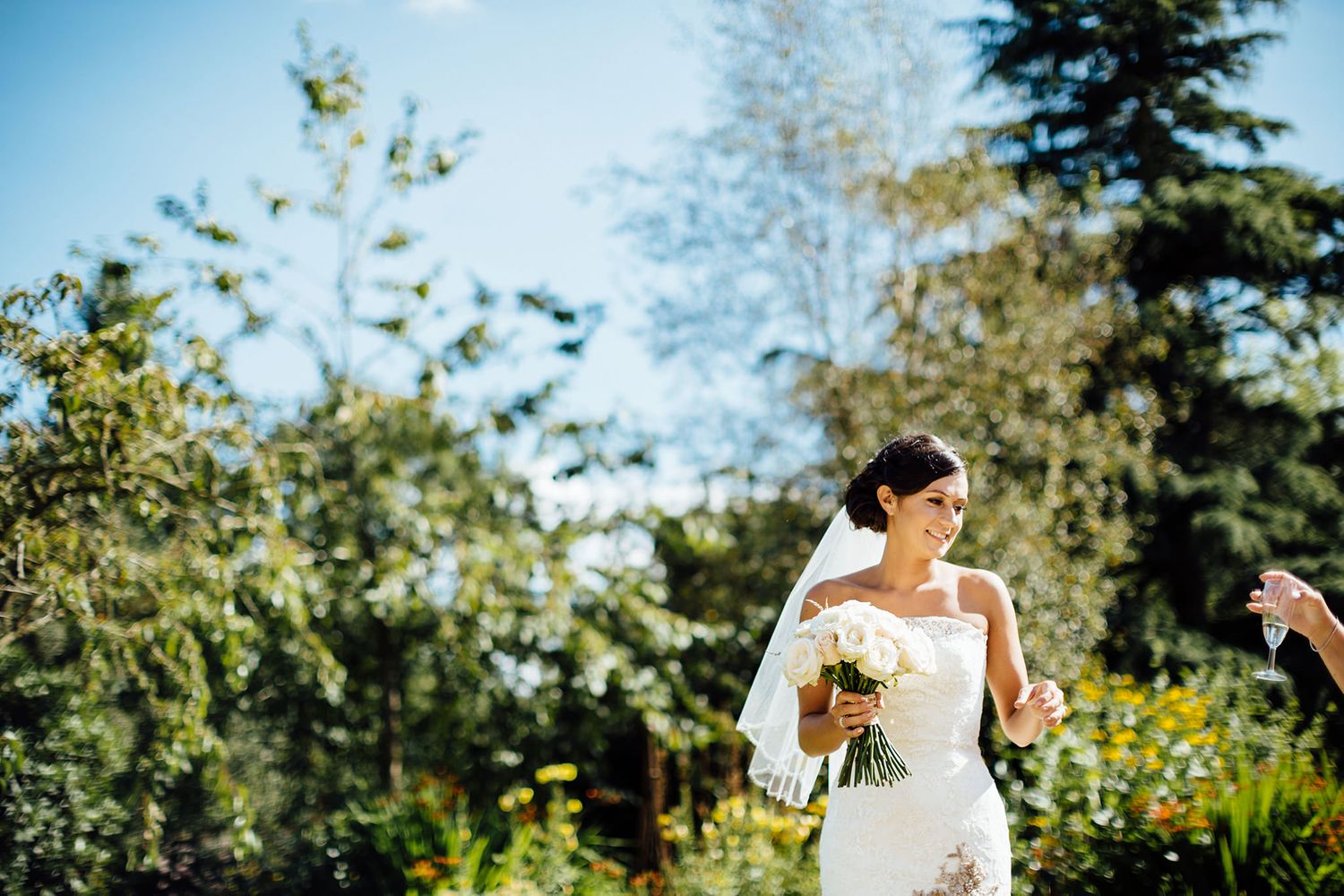 Lush garden setting with evergreen trees and white flowers in bloom.