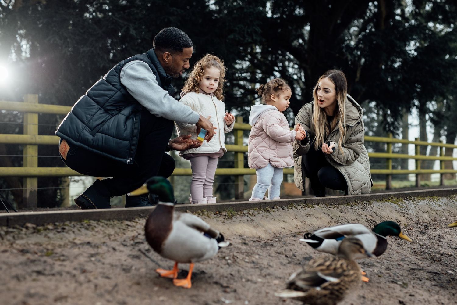 A group of people feed ducks at a farm enclosure while gathered near a wooden fence on a cloudy day.