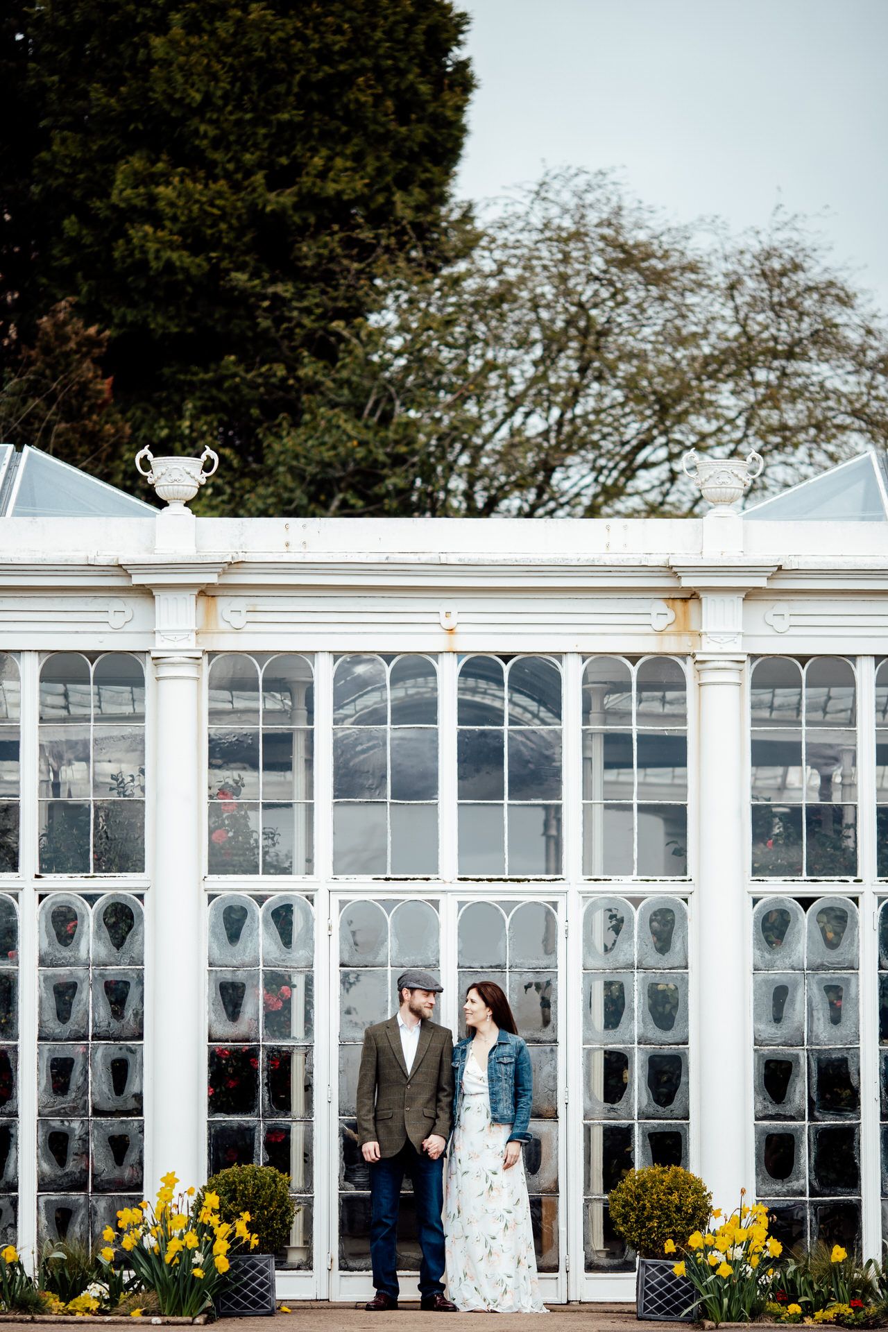 Elegant white conservatory building with yellow flowers in foreground.