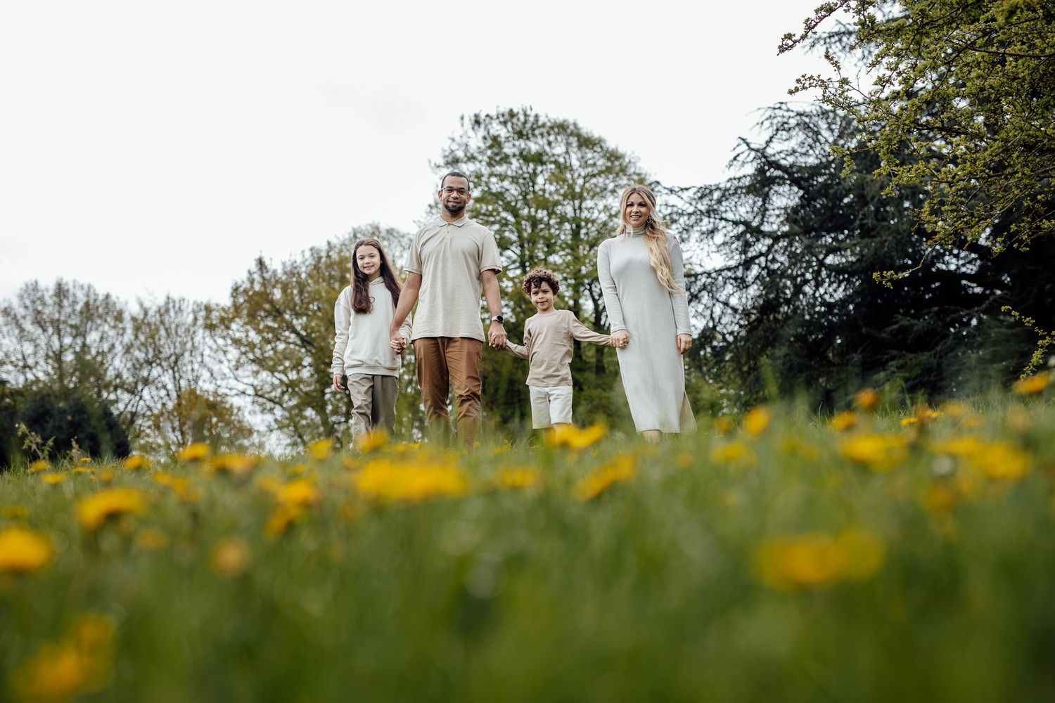 Family walking together through a sunny meadow filled with yellow wildflowers.