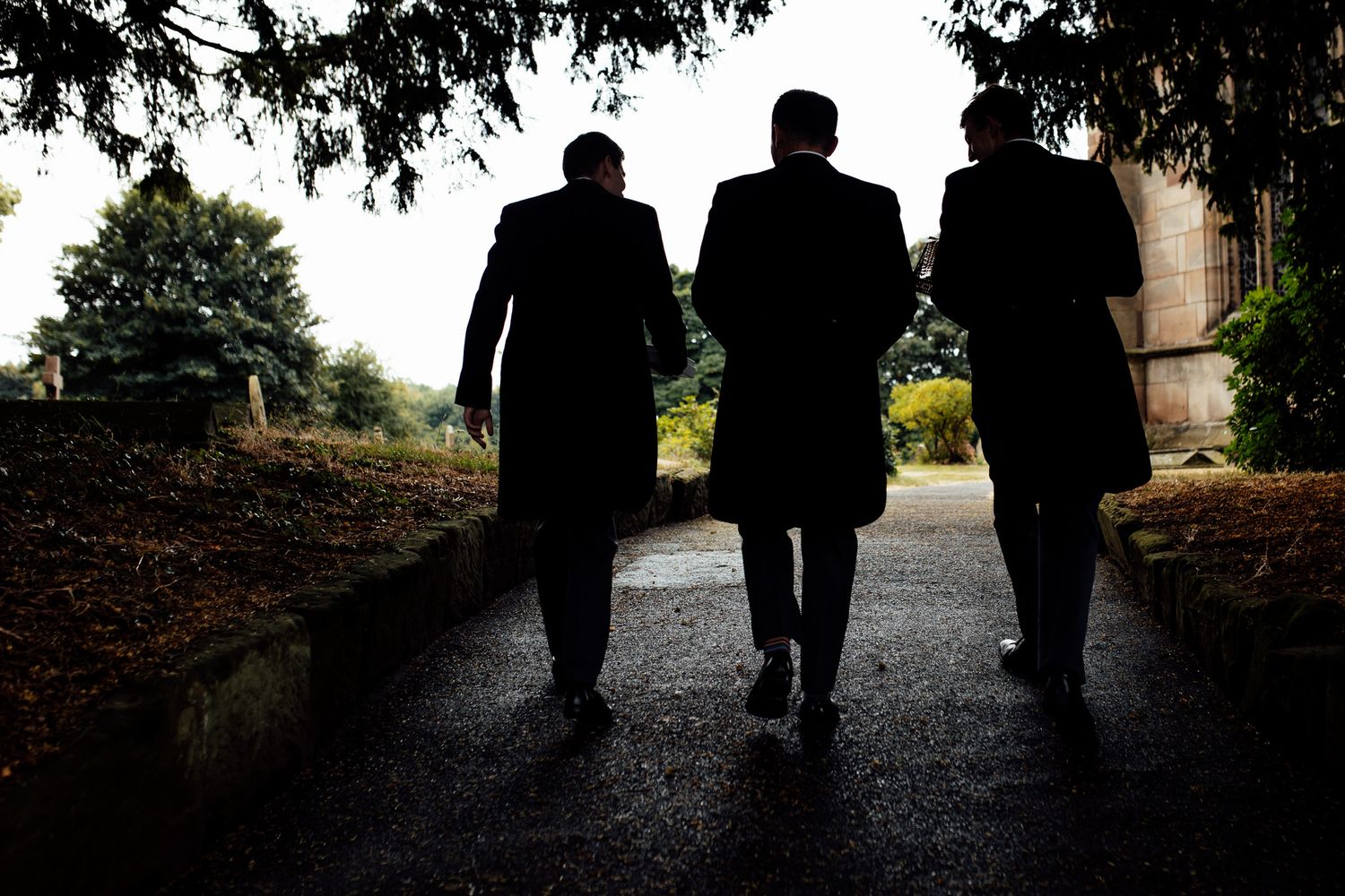 Silhouettes of people walking together on a tree-lined path at dusk.
