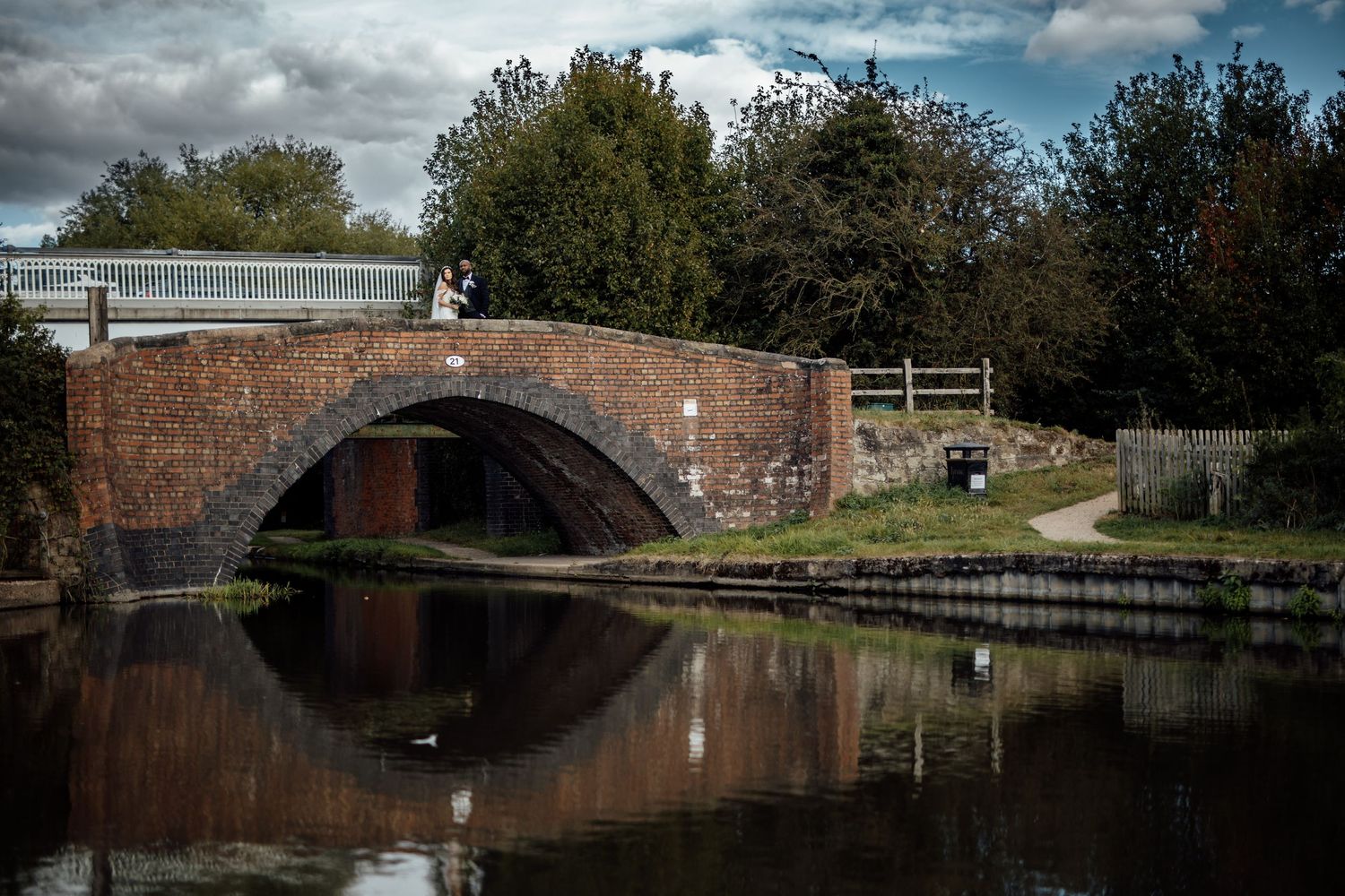 Scenic canal with brick bridges and trees reflecting in calm water.