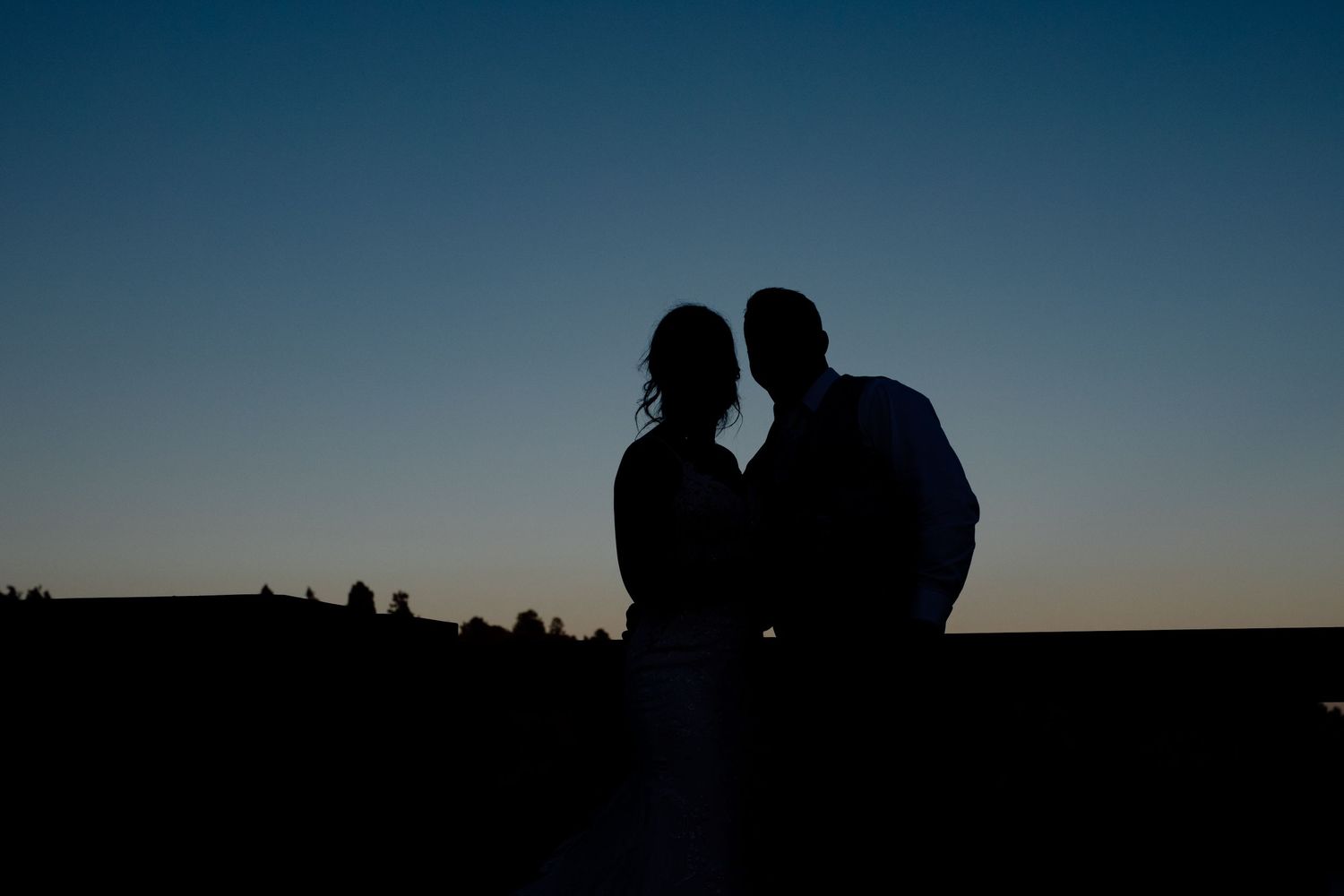 Silhouettes against sunset sky creating romantic wedding portraits.